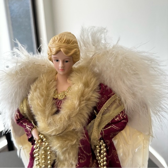 Vintage Christmas Angel Tree Topper Victorian Porcelain Red Feathers Wings Gold - Picture 10 of 13